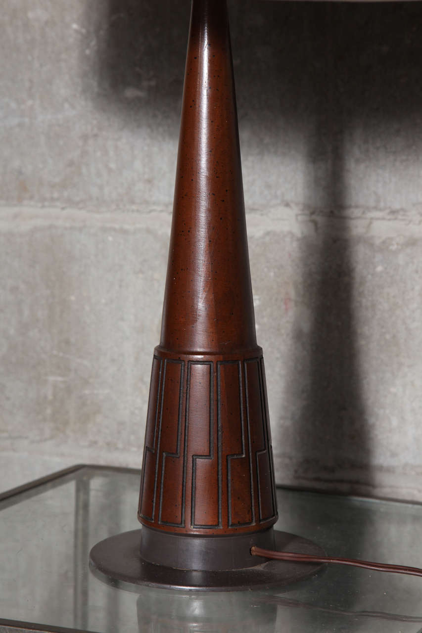 Mid-20th Century Pair of Incised Walnut Lamps