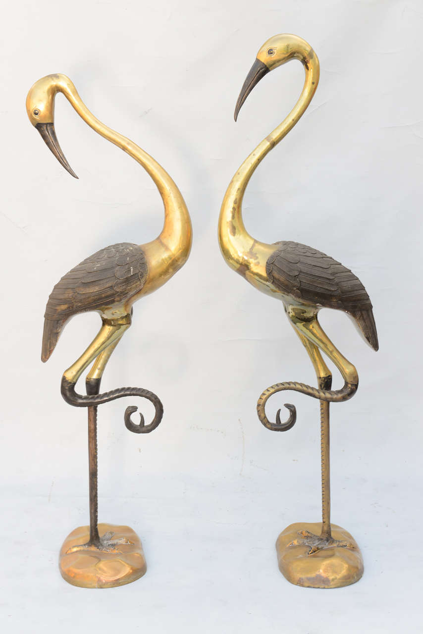 Opposing pair of well articulated herons, in the style of Jacques Duval-Brasseur; of brass and iron.  (Second heron is 61 1/2