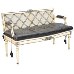 Retro Painted Louis XVI Settee with Caned Back and Leather Cushion
