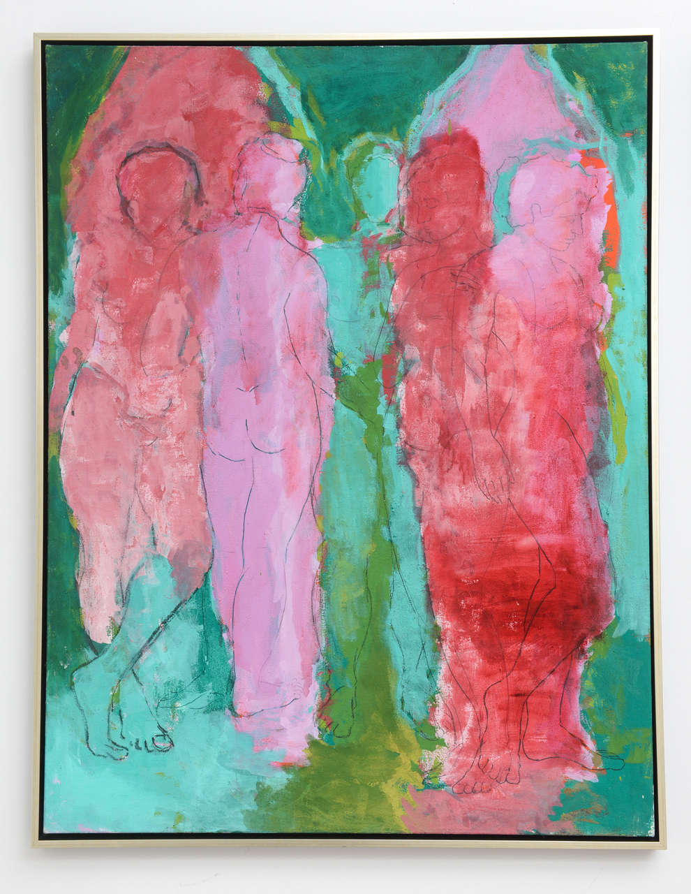 Abstract modernist oil on canvas painting of obscure figures by Danish artist Jan Sivertsen. The color palette includes pink, fuschia, teal and greens. It is in a simple frame.