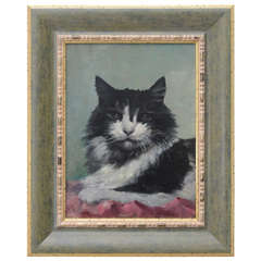 Antique Oil on Canvas Painting of a Long Haired Cat