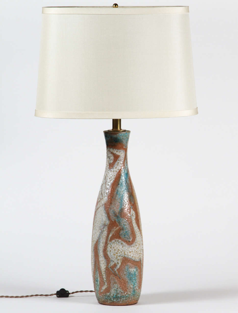 Mid-Century Marcello Fantoni Adam and Eve table lamp, hand painted with crackle glaze. New electrical hardware with fabric cord. Shade shown for photo purpose only. 19.5h to stem. Hand painted. Crackle glaze
