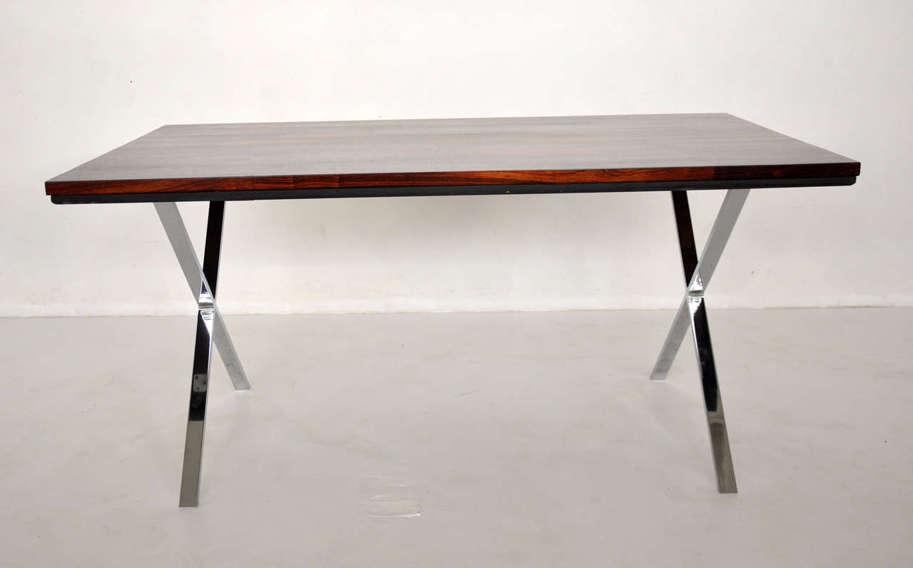 Chrome X-base desk or dining table with solid rosewood top. Designed by Milo Baughman.  Fully restored and refinished.