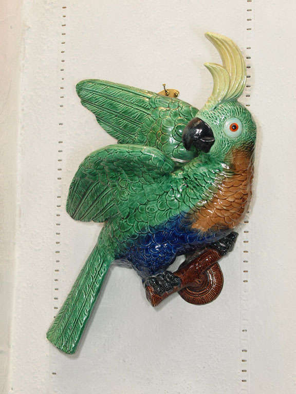 Colorful French majolica cockatoo wall pocket, late 19th century.