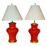 Pair Coral Glazed Ceramic Lamps with Brass Bases