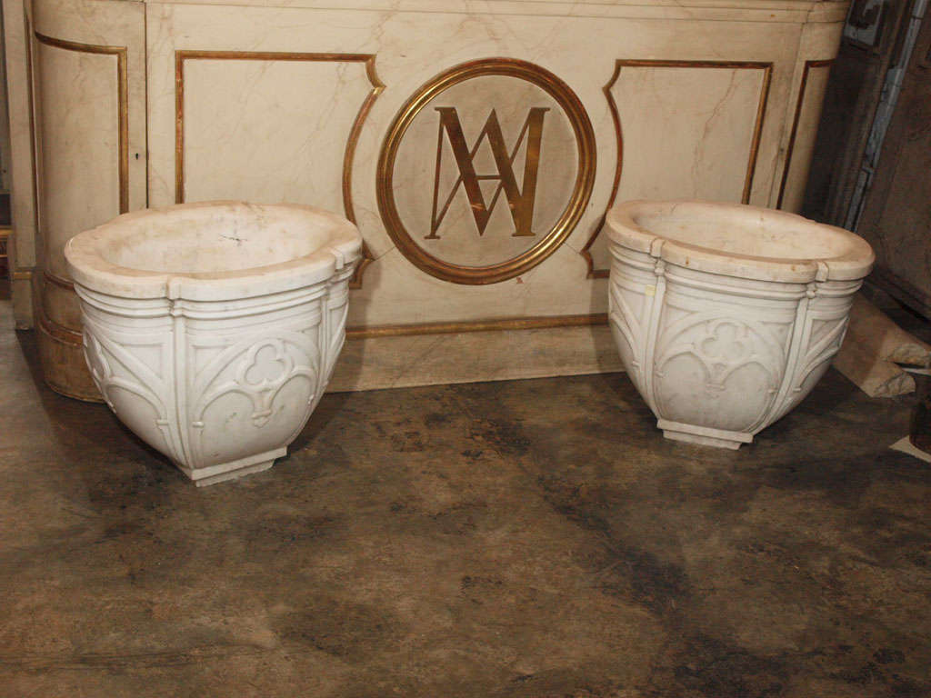 Beautifully carved white marble fonts from a deconstructed French church.  Would make unique planters or decorative urns.  These are very heavy.