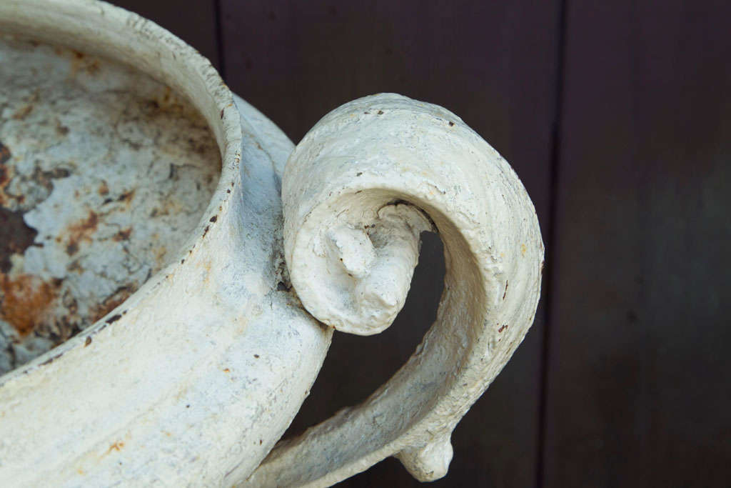 French Pair of Painted Cast Iron Regency Urns with Volute Handles For Sale