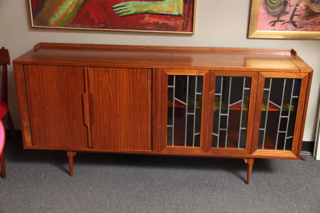 American Fine Teak Tambour & Stained Glass Doored Credenza w/ Dry Bar