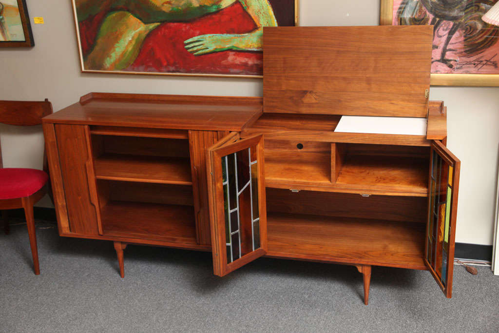 Mid-20th Century Fine Teak Tambour & Stained Glass Doored Credenza w/ Dry Bar
