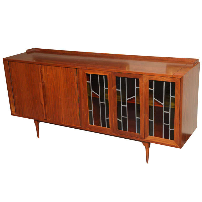 Fine Teak Tambour & Stained Glass Doored Credenza w/ Dry Bar