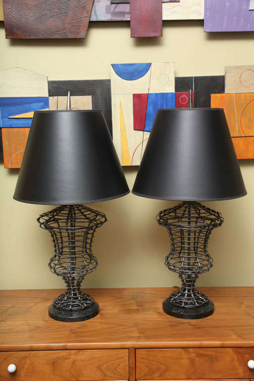 REDUCED FROM $1,500....Fine pair of table lamps from Maitland Smith with sculptural urn forms of heavy bronze tone wire and socle bases and necks of tessellated marble. The architectural baluster forms are exquisitely made and have a strong yet airy
