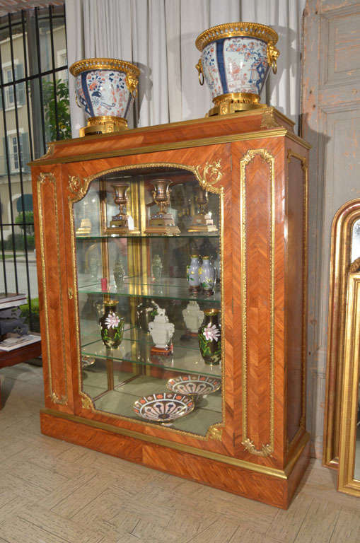 inlaid wood French style display cabinets with bronze gold plated mounts