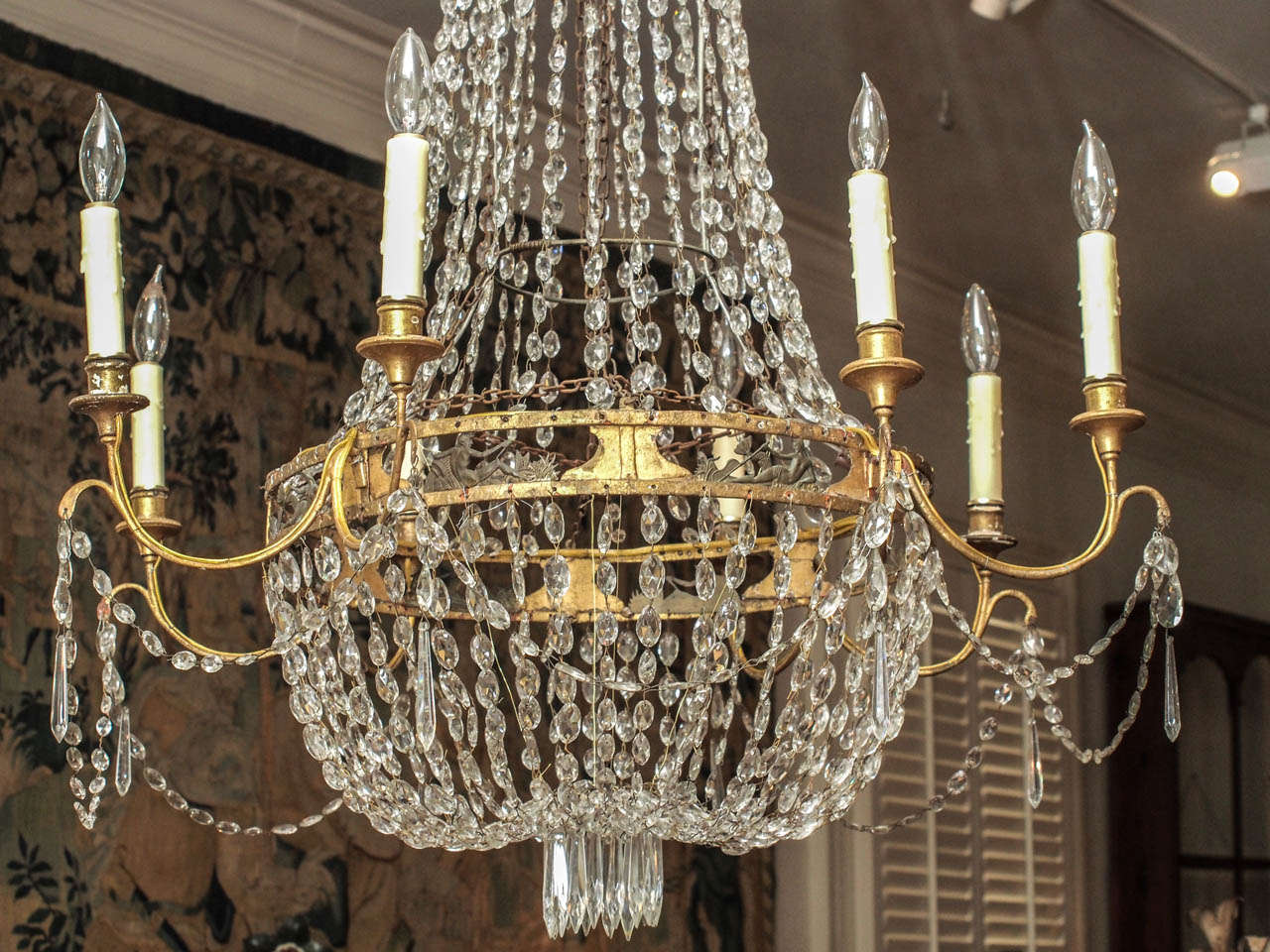 Large 19th Century Gilt Tole Chandelier with Bas Relief of Posiedon In Good Condition In New Orleans, LA