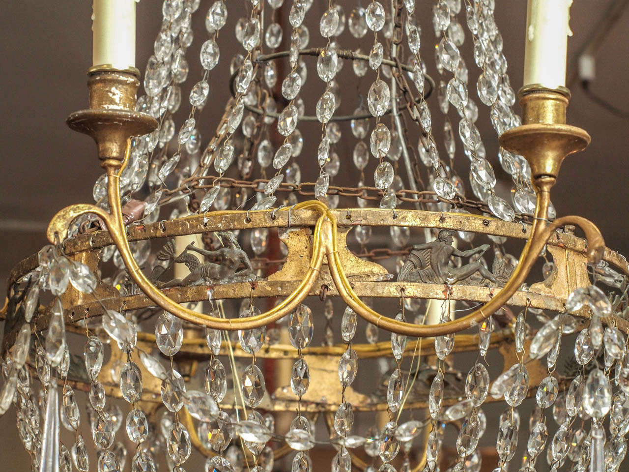 Large 19th Century Gilt Tole Chandelier with Bas Relief of Posiedon 5