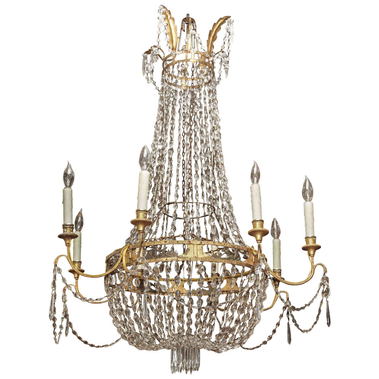 Large 19th Century Gilt Tole Chandelier with Bas Relief of Posiedon