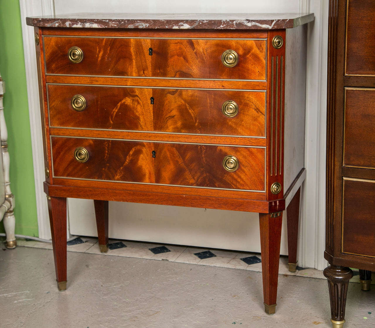 A Sweet Three Drawer Crotch Mahogany Commode by Jansen 2