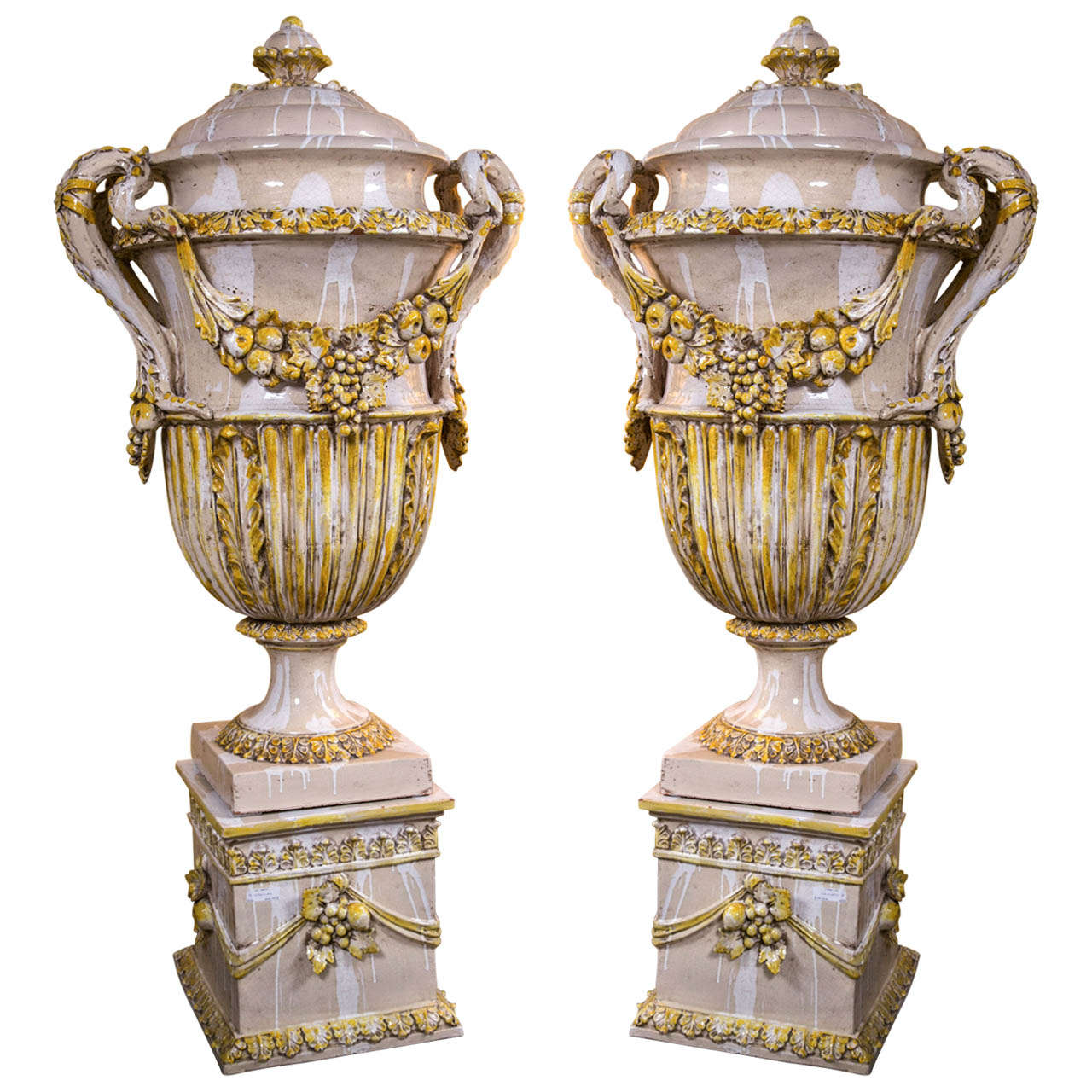 Pair of 19th Century Monumental Majolica Lidded Urns