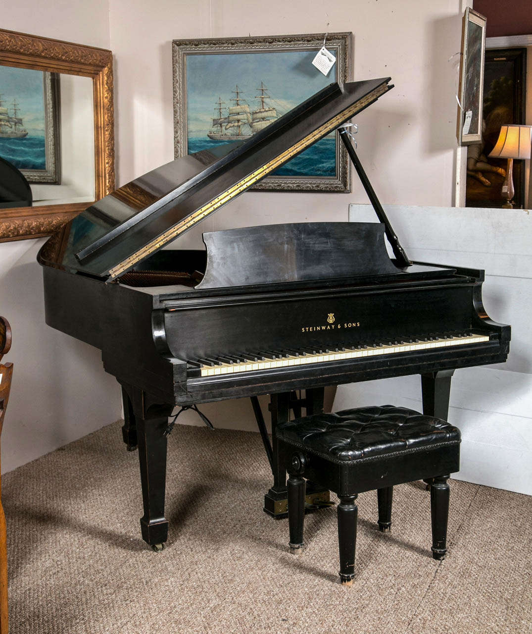 Steinway & Son Piano Model M Piano. Ebony finish circa 1967. This piano bearing the serial number #400854 appears to be in good condition. The soundboard doesn't appear to have any defects. Piano bench sold separately.