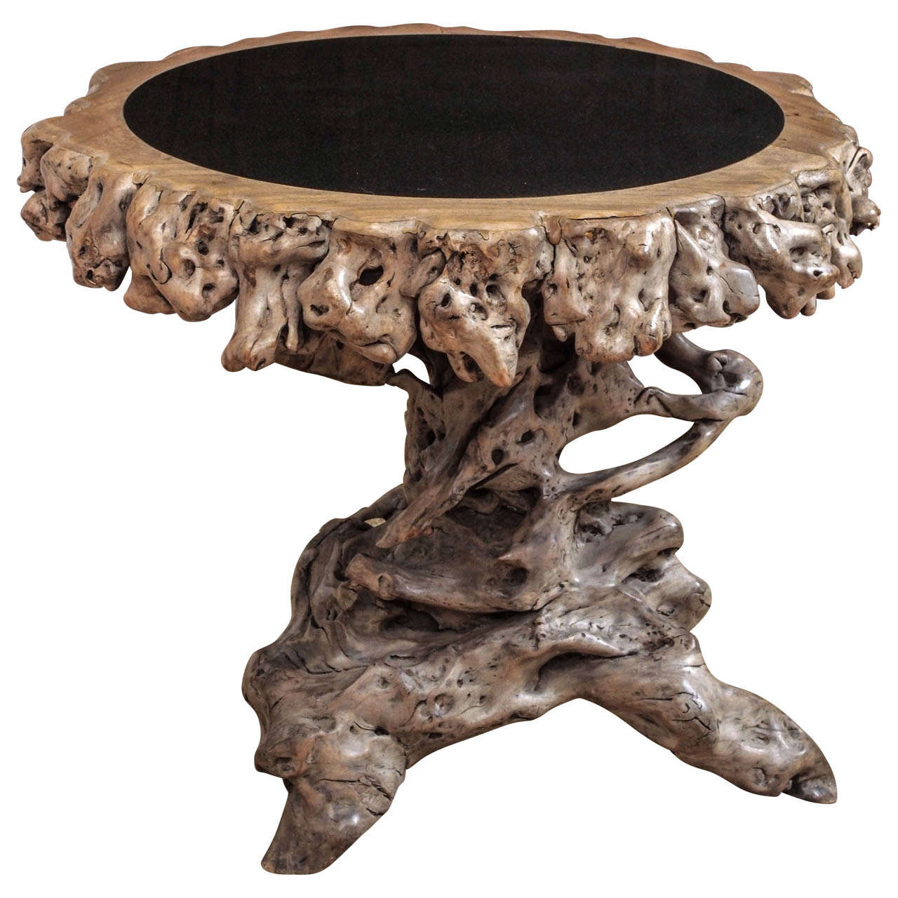 Burlwood Side/Center Table with Granite Inlay For Sale