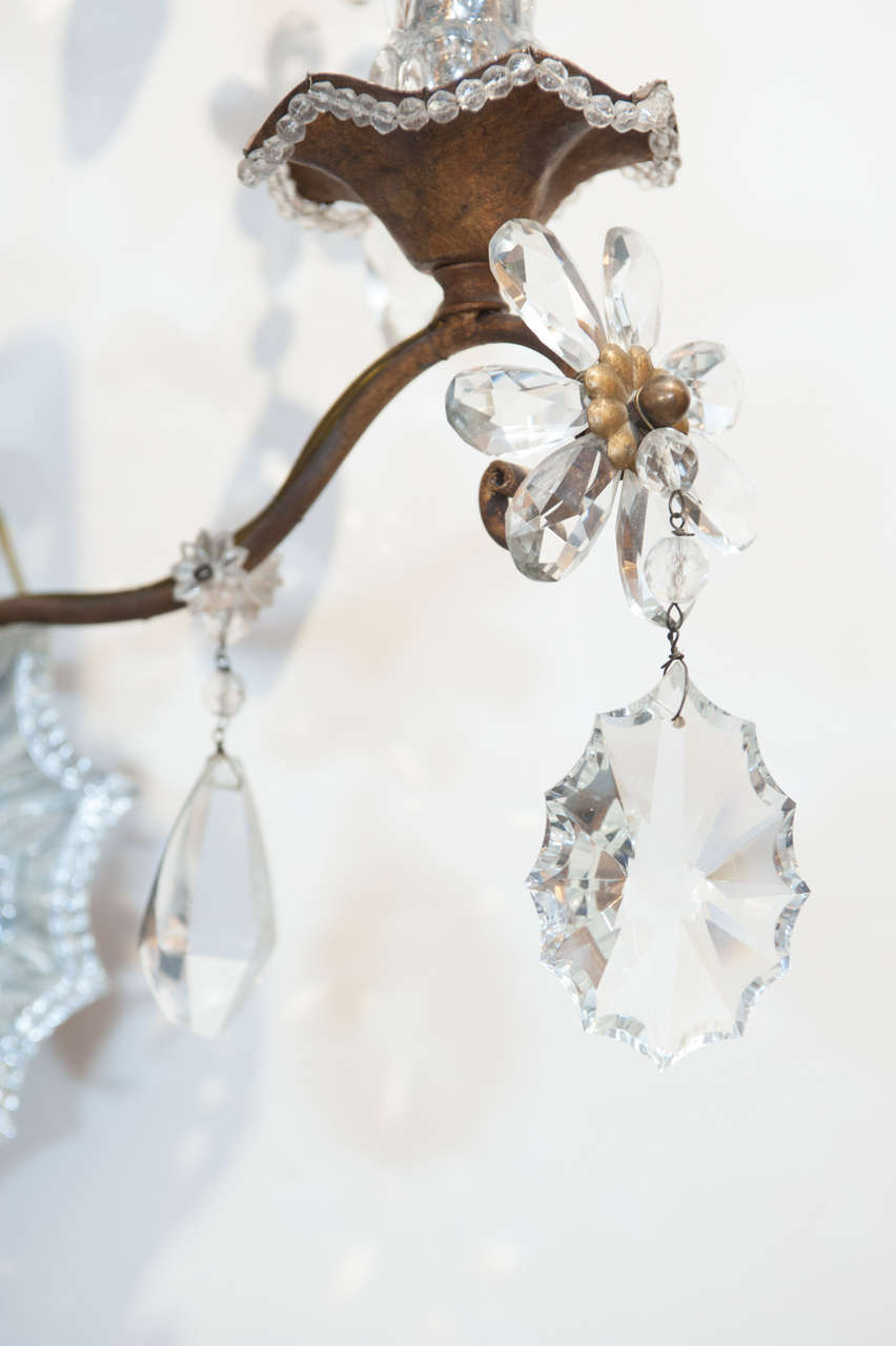 Gilt Pair of Crystal Sconces After Bagues