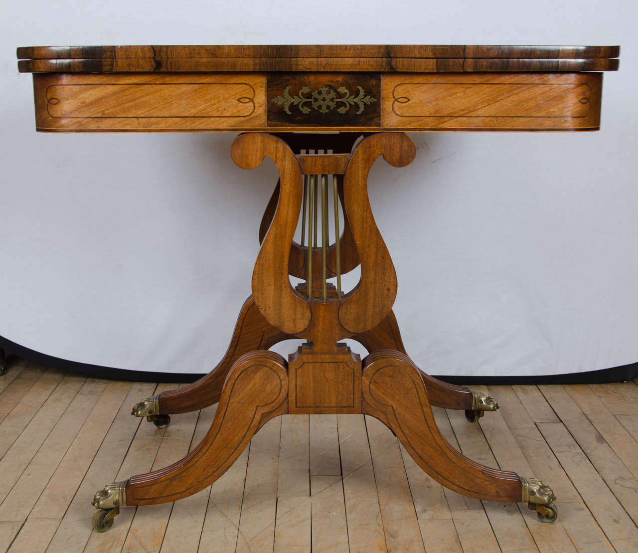 Brass 19th Century Mahogany Card Table with Double Lyre Design