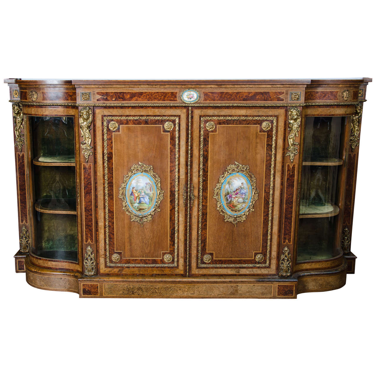 19th Century bow fronted side cabinet with porcelain plaques. 77" wide (196cm) For Sale