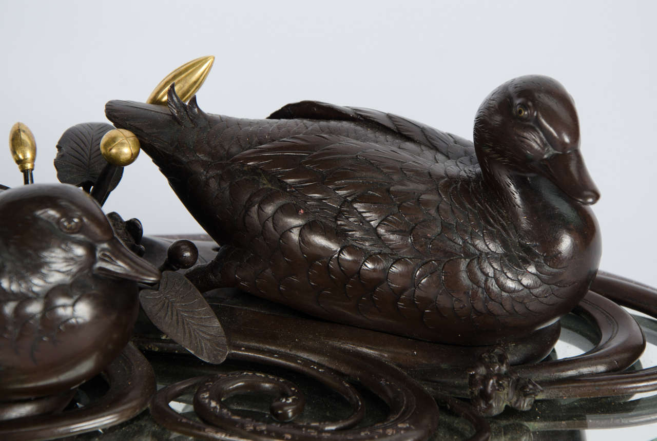 Cast Japanese Meiji period Bronze, Gold Inlaid study of Ducks  For Sale