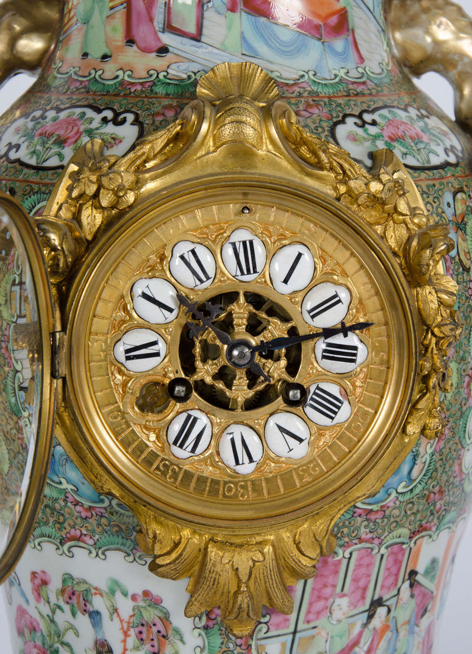 Cast Canton Porcelain Clock Garniture