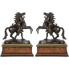 Large Pair of 19th Century Bronze Marly Horses on Boulle Stands 32"(81cm)
