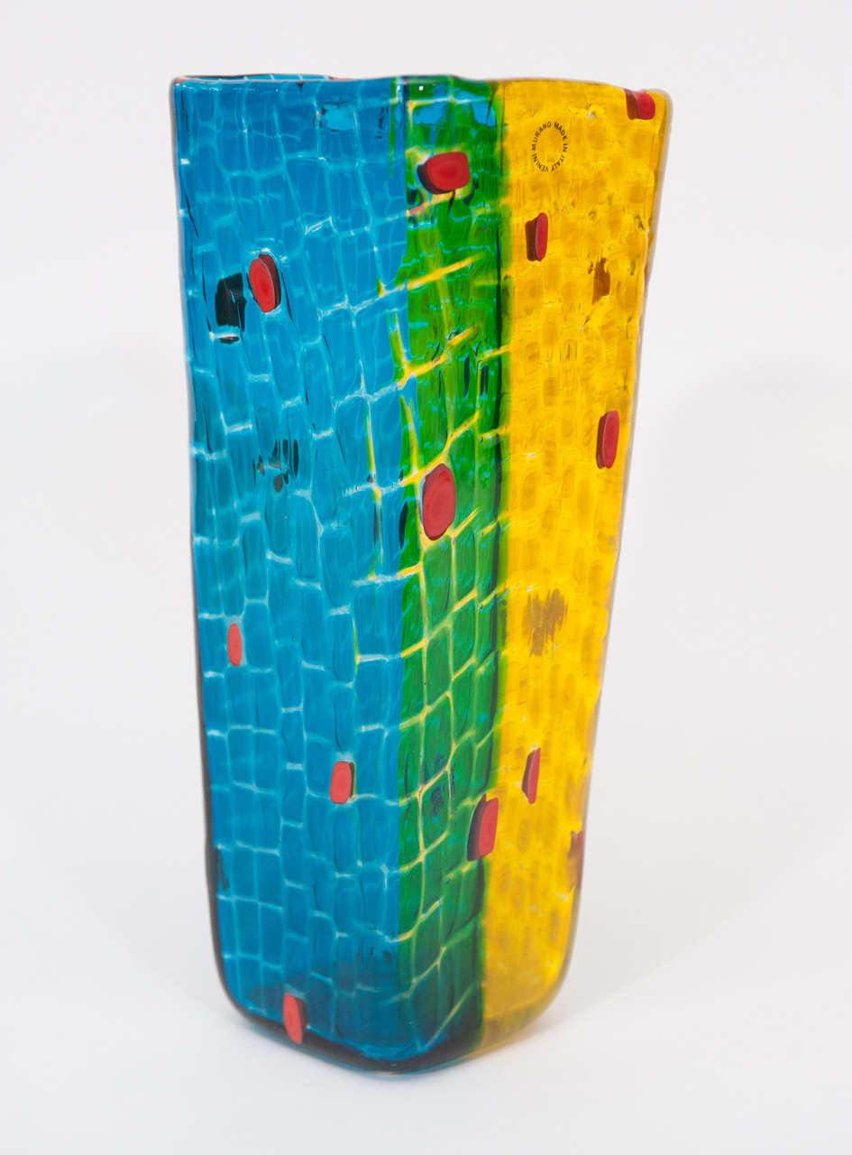 Blue, yellow and red murrine glass vase designed by Gianni Versace for Venini. Engraved signature Venini, Gianni Versace 1998/10.