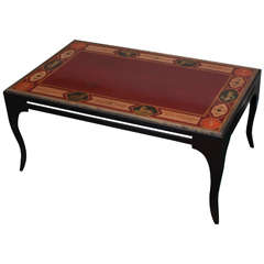 Neoclassical Style Coffee Table with Painted Top and Bronze Trim on Iron Base