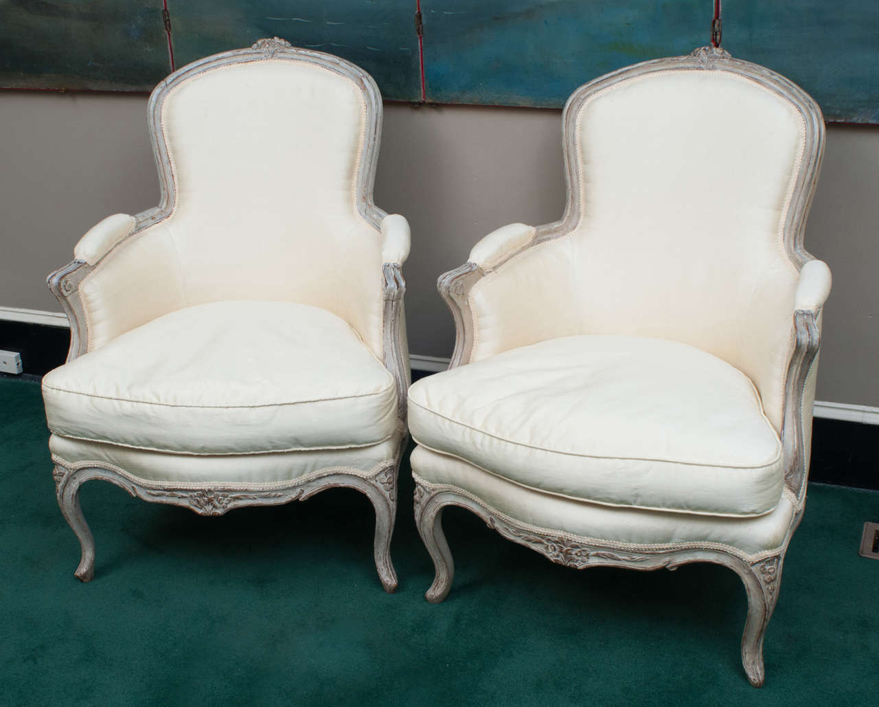 The fabric is a soft yellow Shantung type silk, the chairs have beech frames and are painted a soft grey with some wood showing thru which makes for a beautiful patina, very Fine carving and well proportioned.