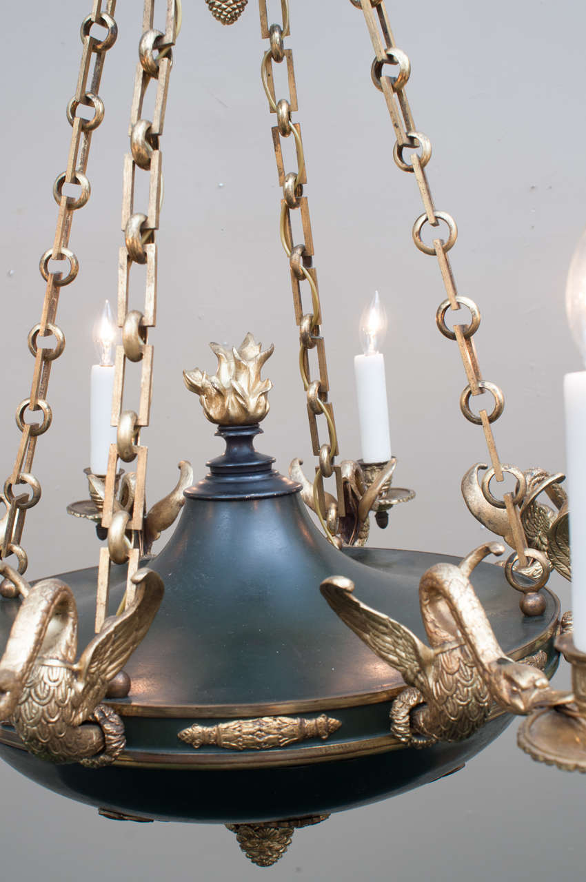 French Empire Style Eight-Light Gilt Brass and Tole Chandelier, France, circa 1890
