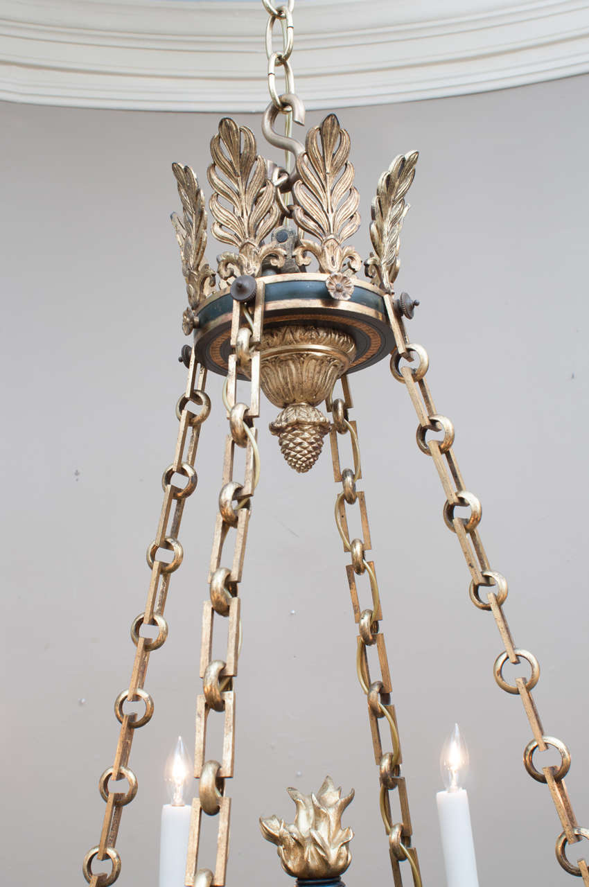 Empire Style Eight-Light Gilt Brass and Tole Chandelier, France, circa 1890 In Excellent Condition In Alexandria, VA