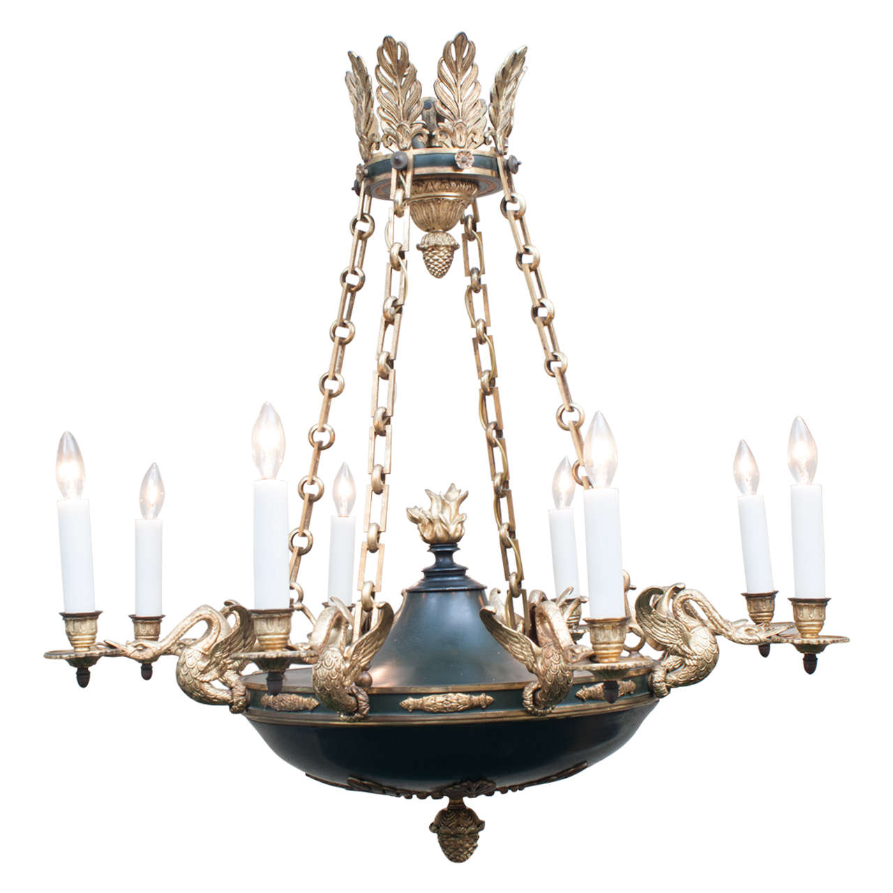 Empire Style Eight-Light Gilt Brass and Tole Chandelier, France, circa 1890