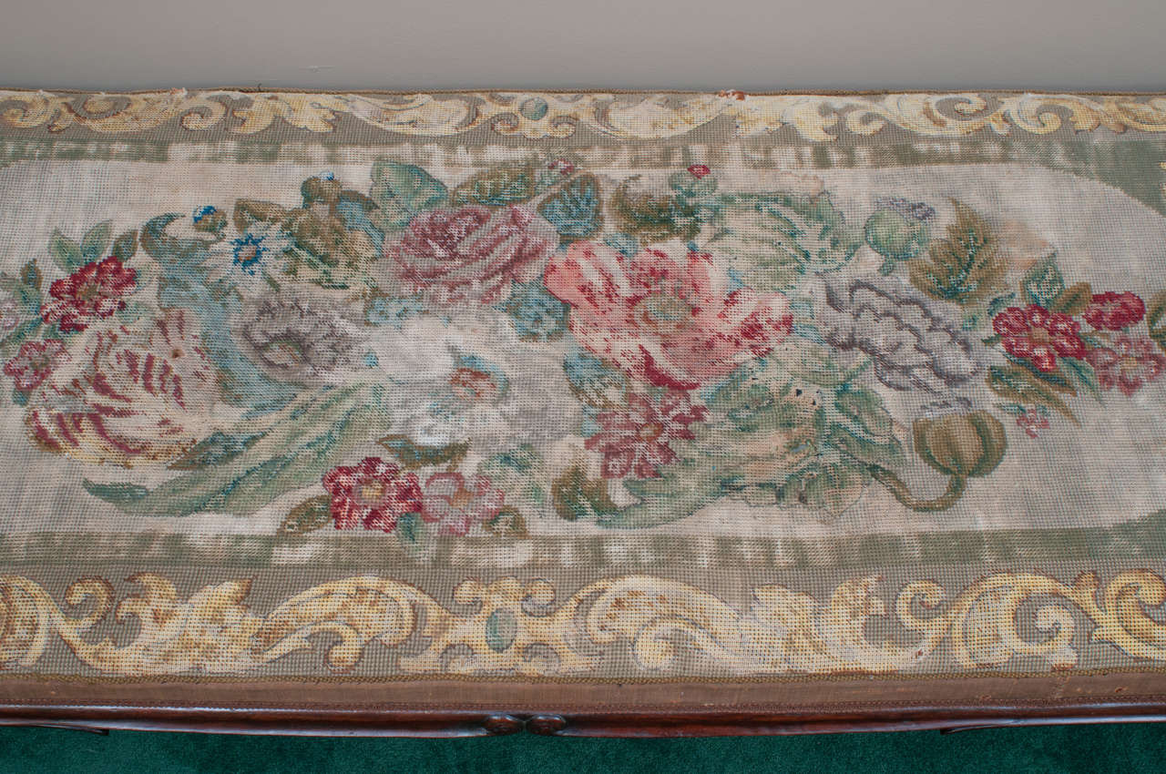 Rococo Revival Mid-19th Century Mahogany Bench with Old Needlepoint, England, circa 1840