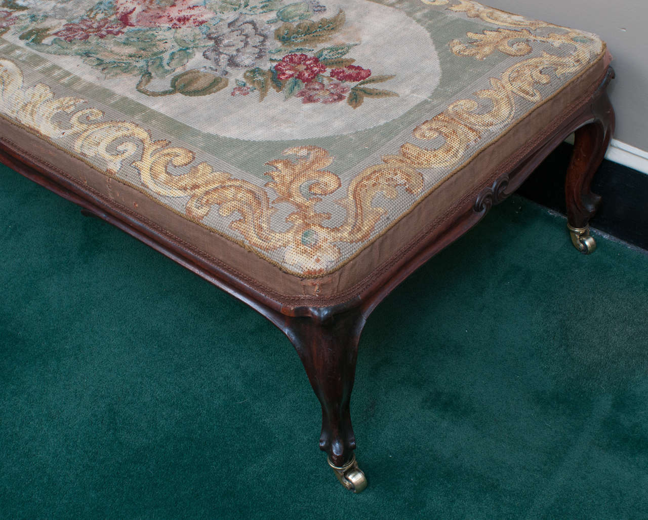 English Mid-19th Century Mahogany Bench with Old Needlepoint, England, circa 1840