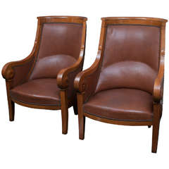 Antique Pair of Charles X Classical Leather Upholstered Club Chairs, France circa 1845