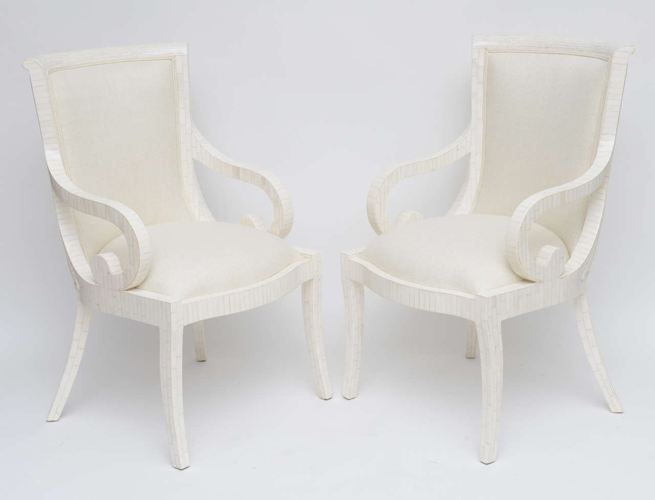 Fully Restored Tessellated Bone Armchairs with Silk Upholstery  In Excellent Condition In North Miami, FL