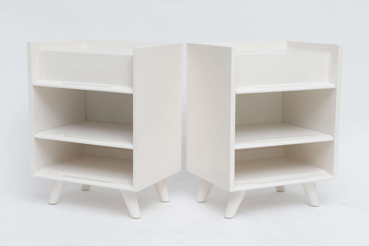Edmond Spence night stands with unique integrated handle detail. Off-white satin finish. Bright. Fresh. Beachy. Modern.