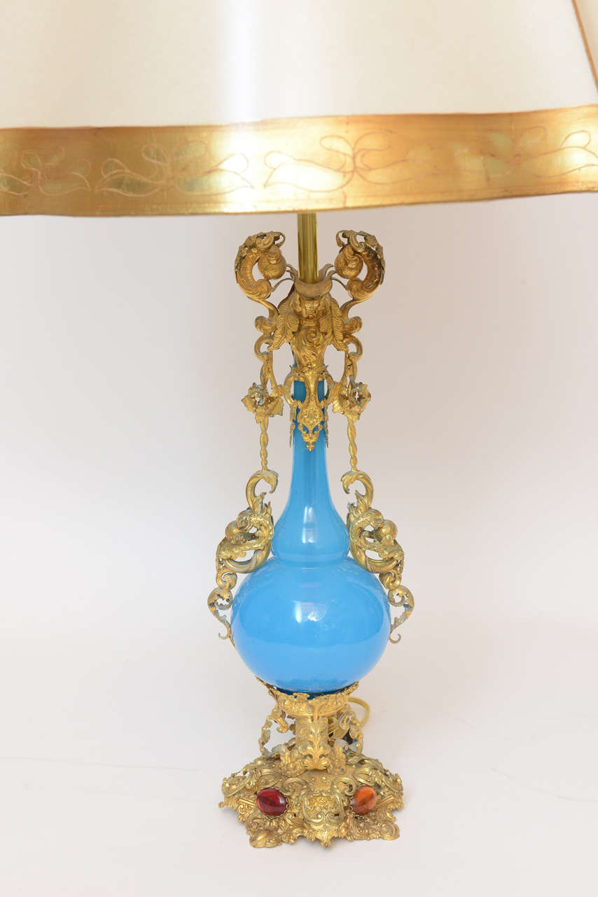 Renaissance Early 19th Century Jeweled Turquoise Opaline Lamps For Sale