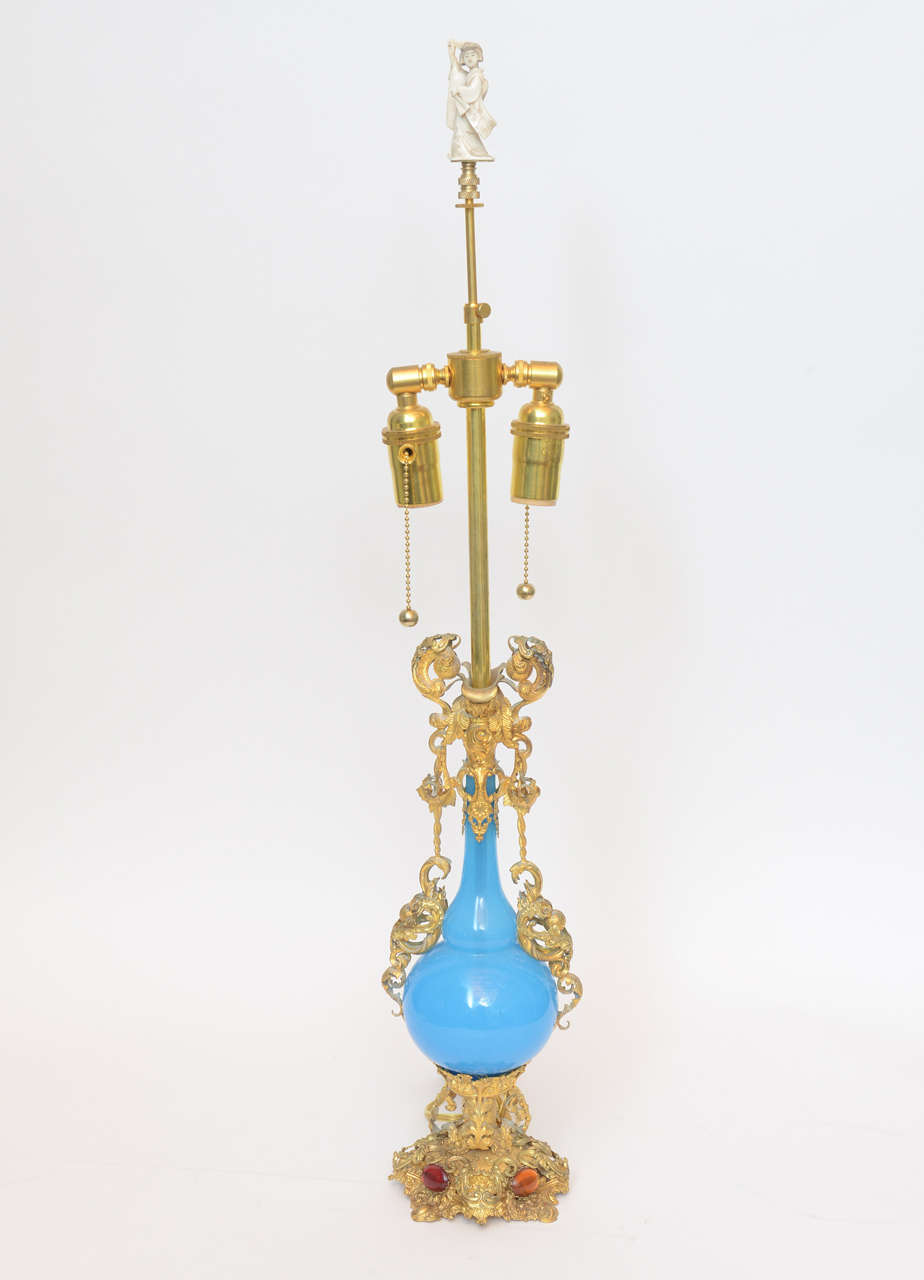 French Early 19th Century Jeweled Turquoise Opaline Lamps For Sale