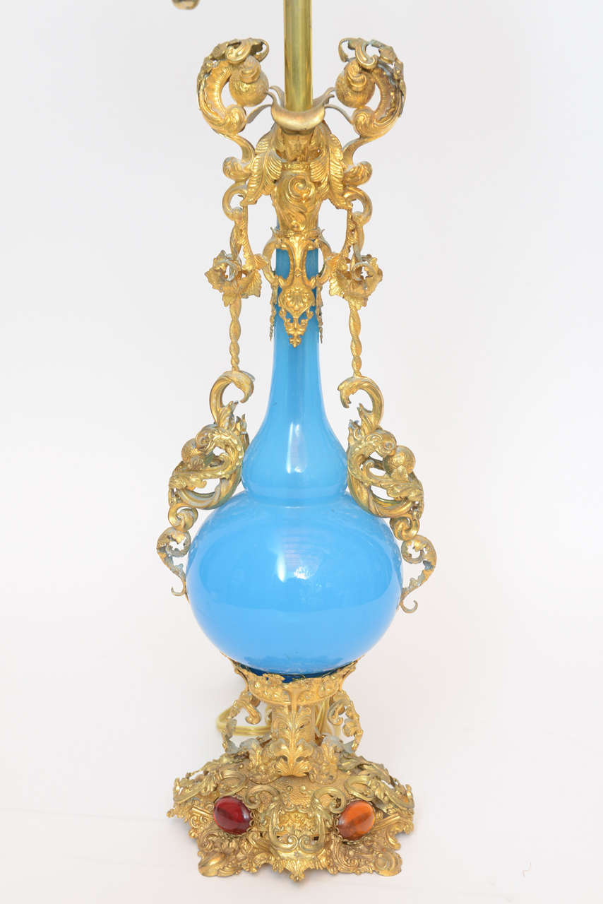 Early 19th Century Jeweled Turquoise Opaline Lamps In Good Condition For Sale In Palm Beach, FL