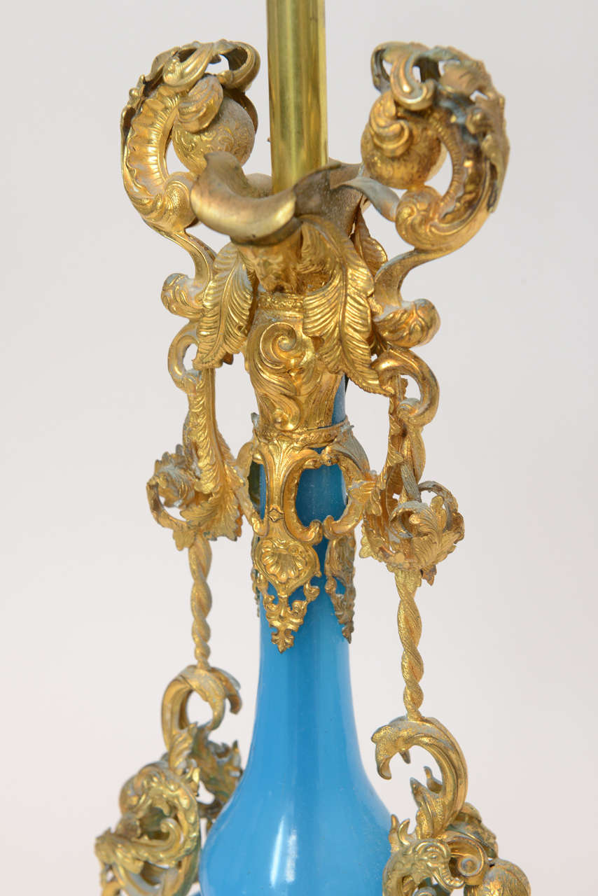 Opaline Glass Early 19th Century Jeweled Turquoise Opaline Lamps For Sale