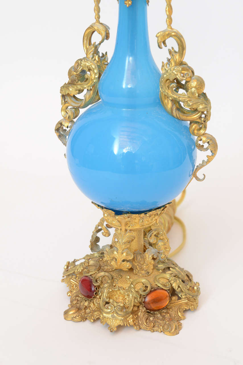 Early 19th Century Jeweled Turquoise Opaline Lamps For Sale 1