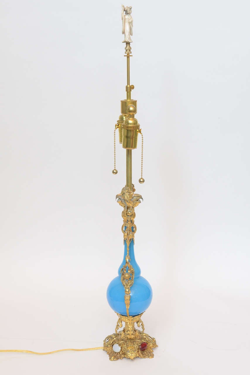Early 19th Century Jeweled Turquoise Opaline Lamps For Sale 2