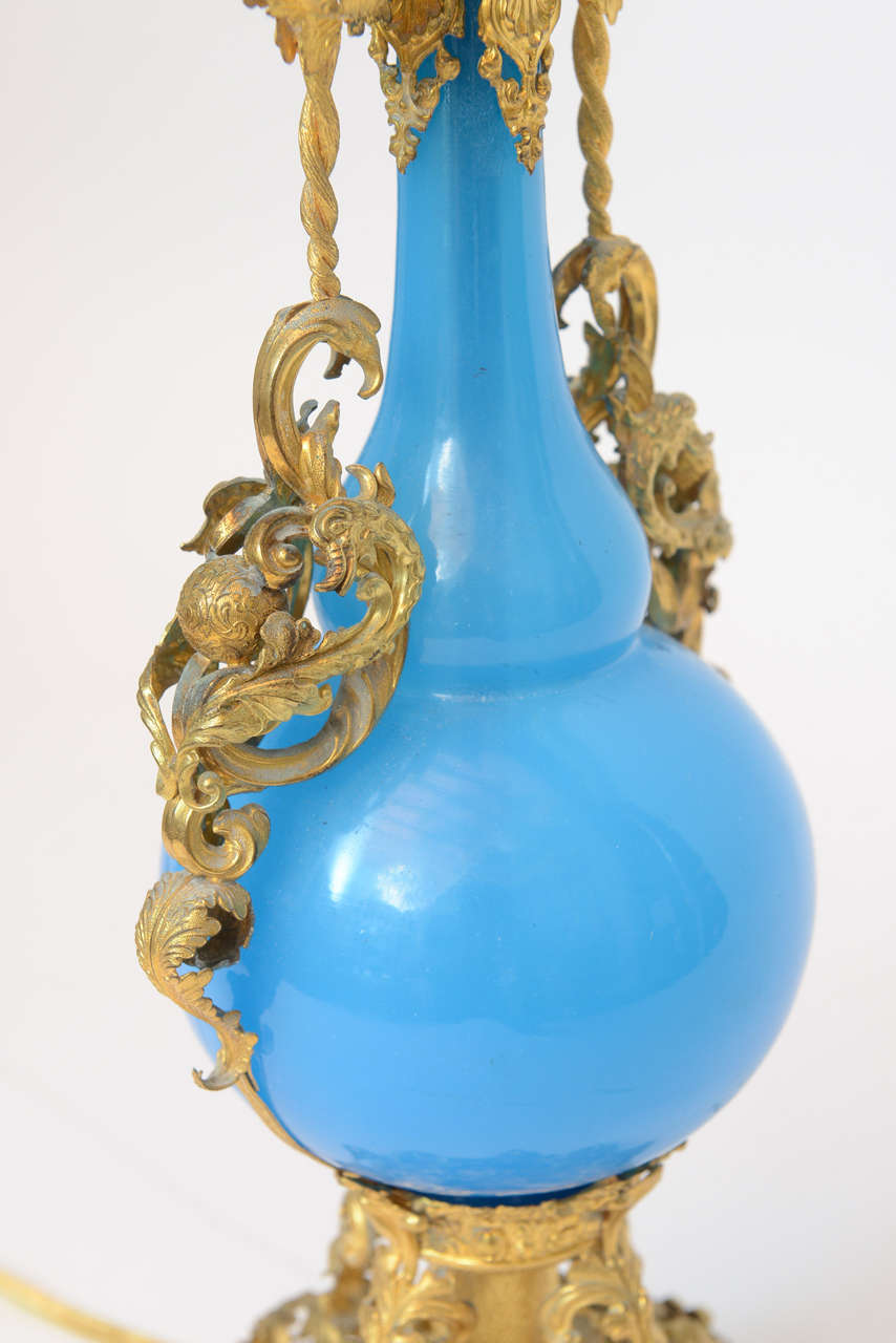 Early 19th Century Jeweled Turquoise Opaline Lamps For Sale 3