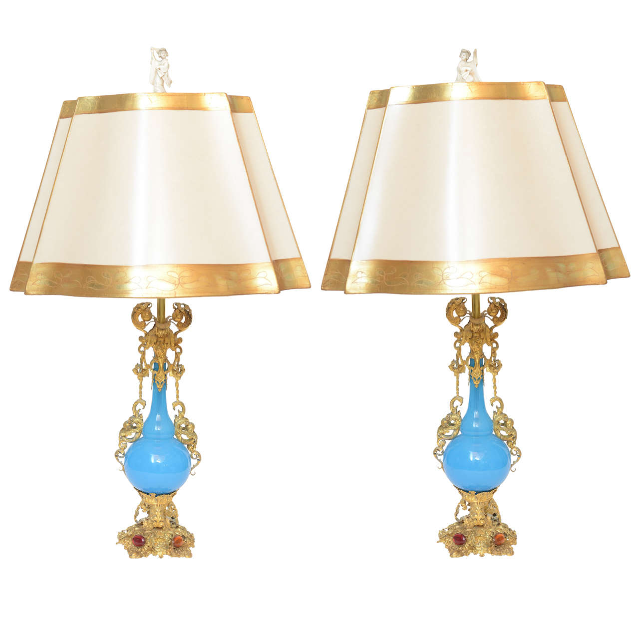 Early 19th Century Jeweled Turquoise Opaline Lamps For Sale