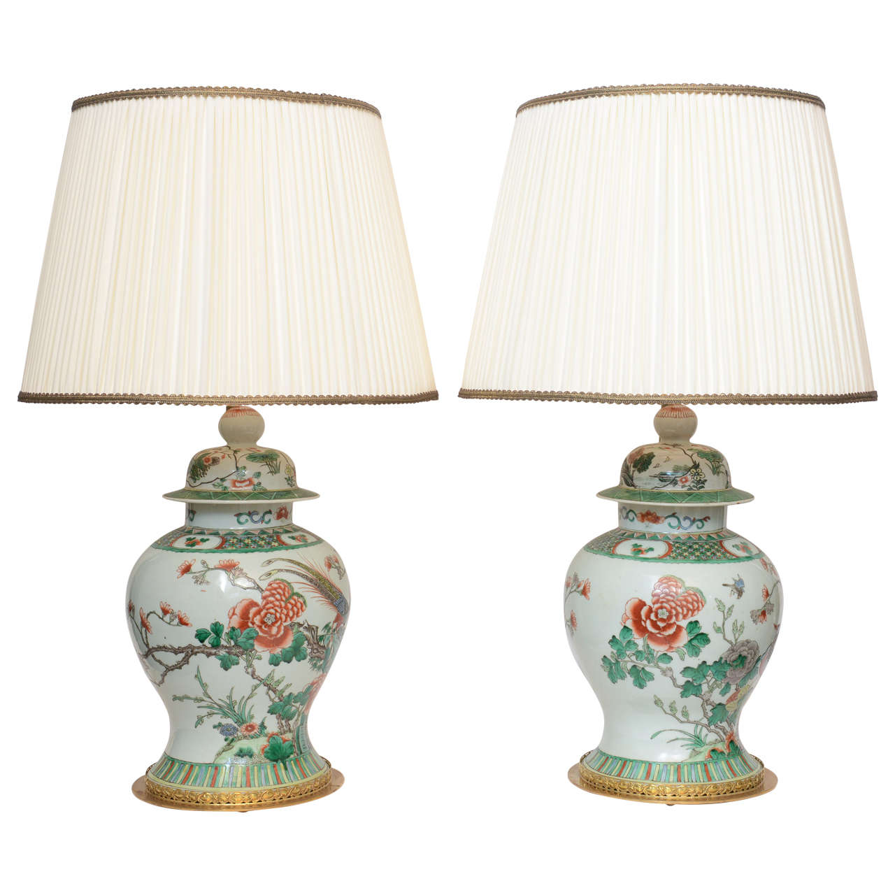 Pair of 19th Century Chinese Ginger Jar Lamps, with Painted Birds and Flowers For Sale