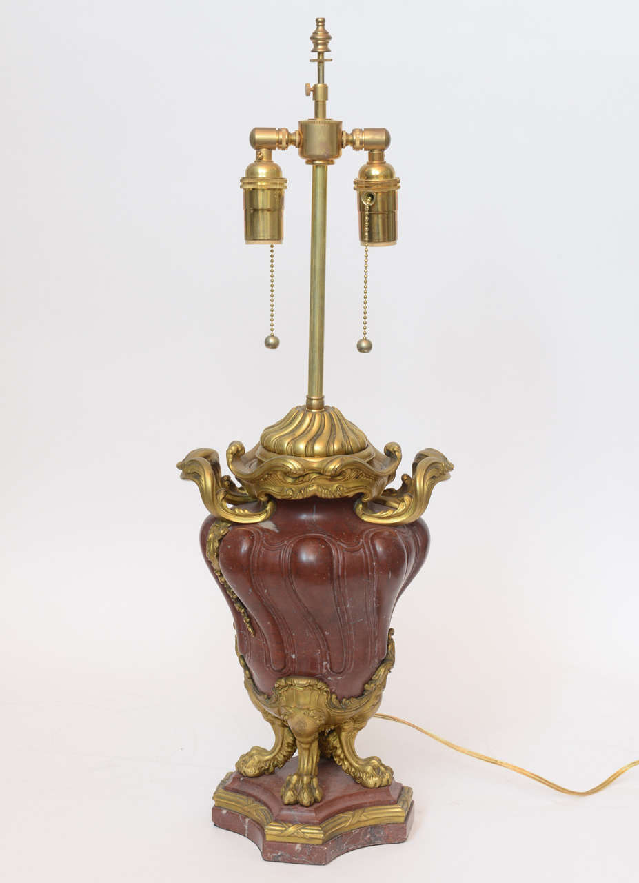 Late 19th Century Pair of French Spiral Cut Rouge Marble with Bronze-Mounted Lamps, circa 1880 For Sale